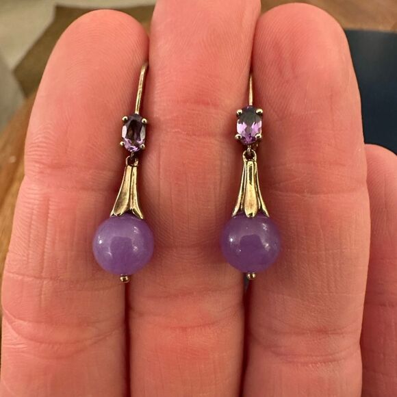 Lavender Jade and AmethystSetnin Sterling with Gold Overlay Earrings - Picture 3 of 6